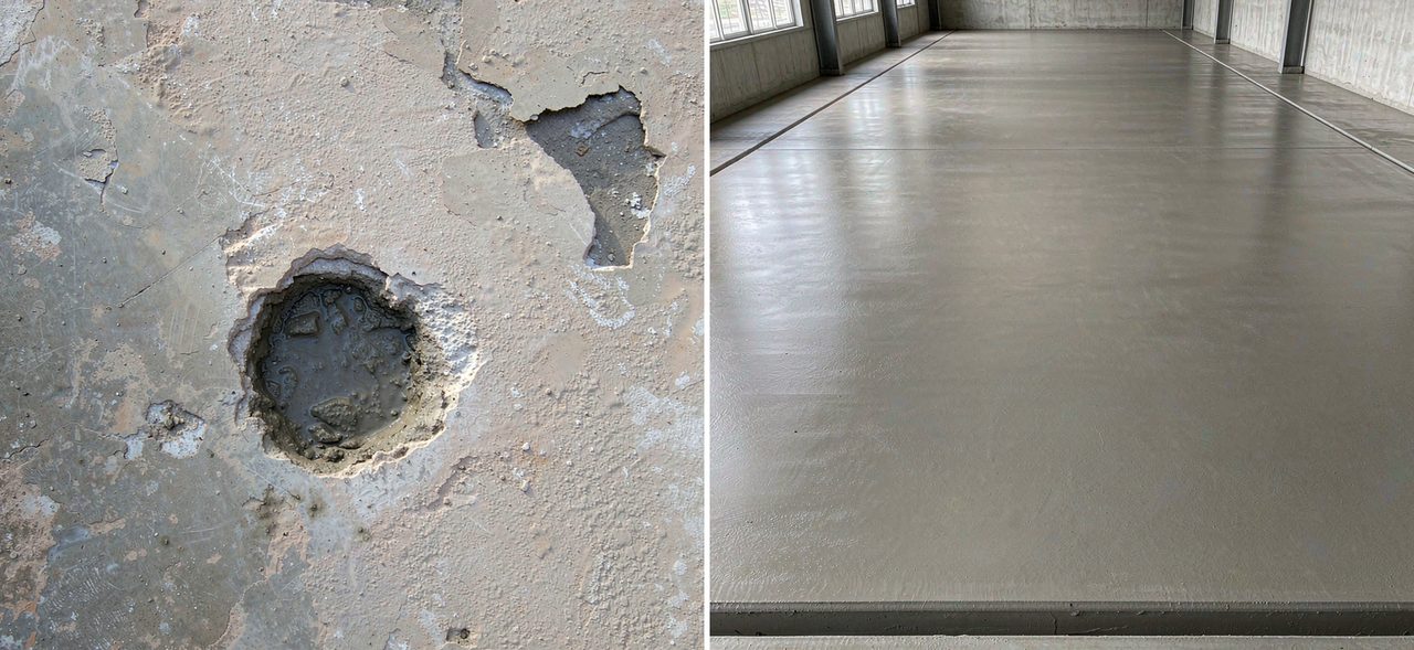 水泥基面孔洞缺陷修补前后对比示意：左侧表面坑洞、起皮、脱壳，右侧修补后平整致密