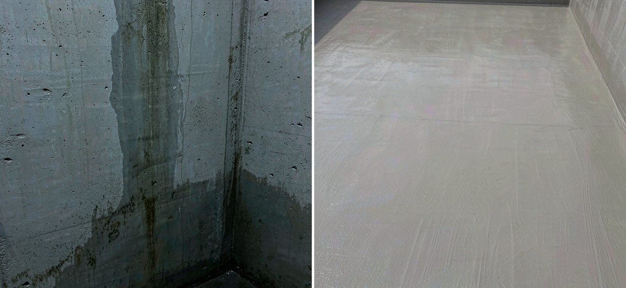 地下结构防水处理前后对比示意：左侧墙面有渗水返潮的湿润痕迹，右侧经过刚性防水处理后表面干燥致密、无渗漏痕迹